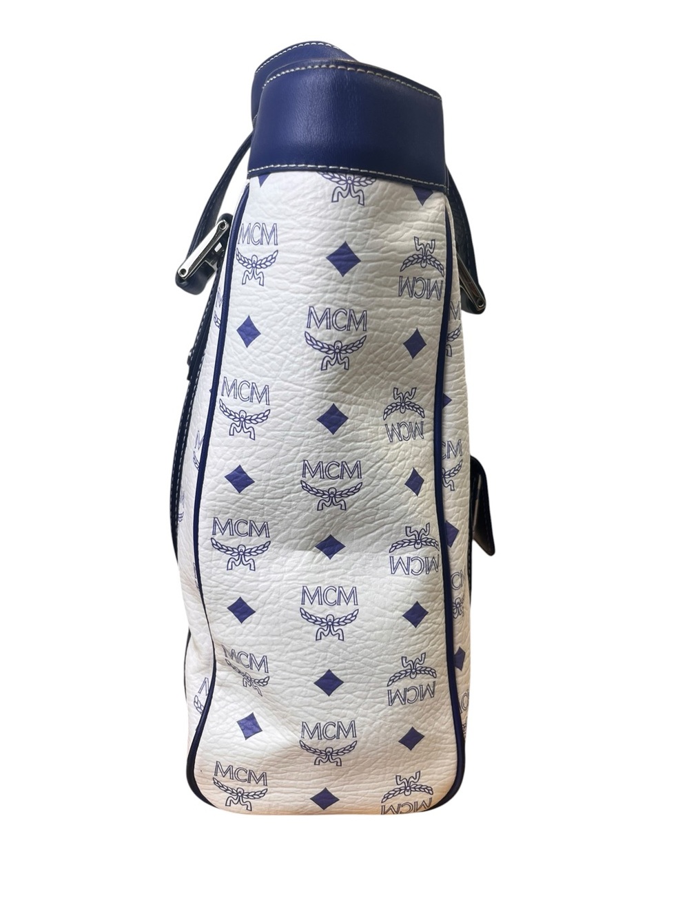 MCM White Navy Blue Visetos Monogram Leather Tote Bag Authentic with Charms - Picture 3 of 16